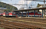 Drei Loks, gleicher Typ, verschiedene Nummern (361, 362, 363): Nebeneinander stehend wurden die 363 133-0, 362 016-8 (ex ČSD 499.1) und die durch das Bahnsteigdach nur angedeutete 361 107-6 (ex