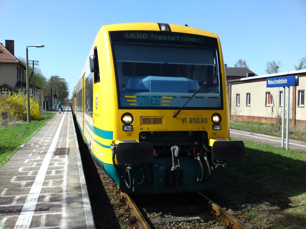 10.04.2011 - OE60 (VT 650.60 und VT 650.71) im Bahnhof Neutrebbin bereit zur Abfahrt nach Frankfurt (Oder).