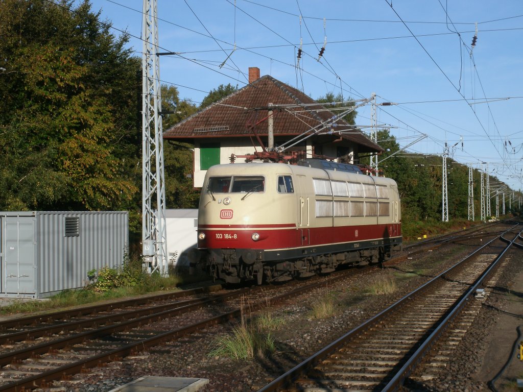 103 184 brachte nach einer Woche Abstellung,in Stralsund,den TEE Rheingold von Stralsund nach Binz.Um am 09.Oktober 2011 zurck nach Stuttgart zufahren lief die Lok in Binz um.
