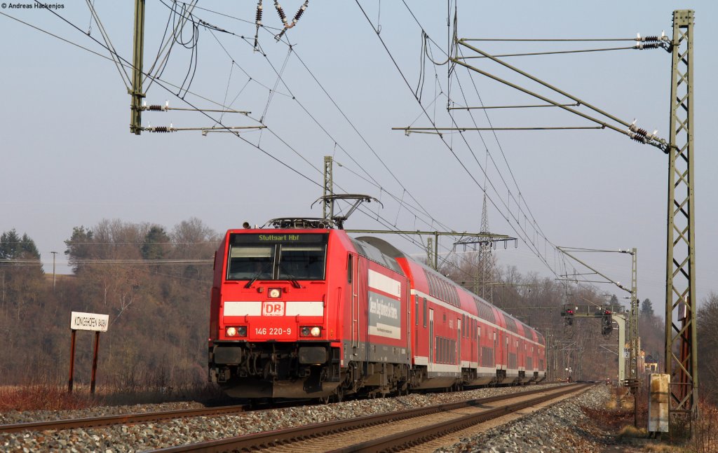 146 220-9  Diesen Zug knnten sie fahren  mit dem RE 4925 (Wrzburg Hbf-Stuttgart Hbf) bei Knigshofen 25.3.12