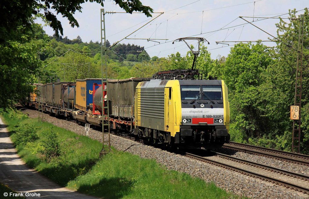 189 930-1 Dispolok ES 64 F4-030 vor Gterzug Richtung Ansbach, KBS 920 Wrzburg - Treuchtlingen, fotografiert bei Burgbernheim am 08.05.2012 