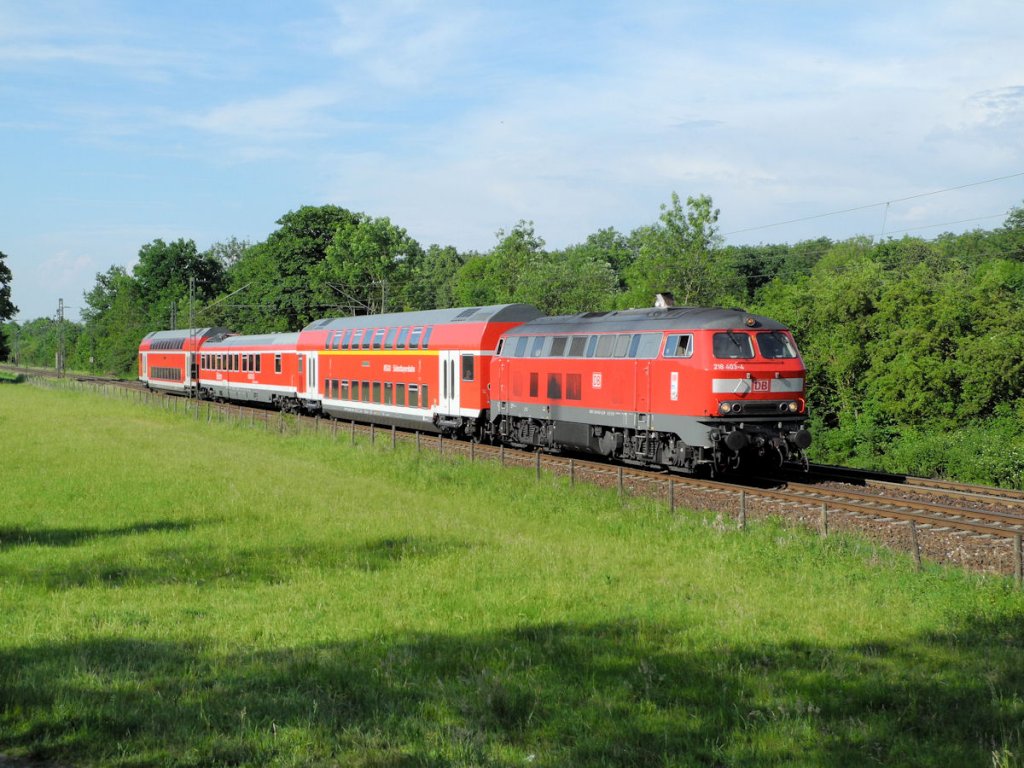 218 403 am 26.05.11 mit dem Kamel-Sz
RE 27019 Regensburg Hbf-Rosenheim kurz vor Feldmoching