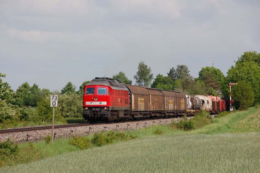 232 589 mit Umleitergterzug am 28.05.2010 bei Hiltersdorf