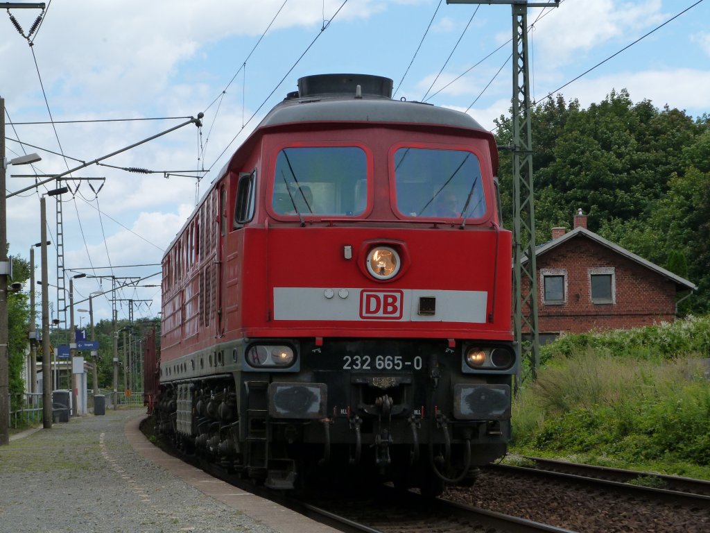 232 665 zog am 22.07.12 ihre Flachbordwagen durch Dresden Cotta.