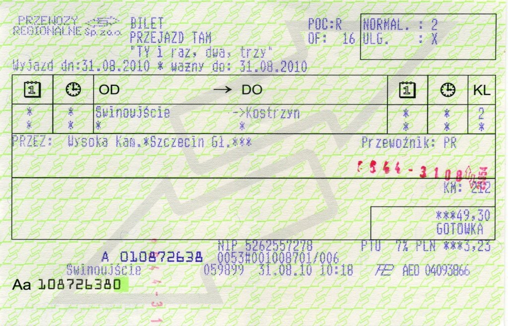 Swinoujscie, 31.8.2010, for a one way ticket to Kostrzyn /