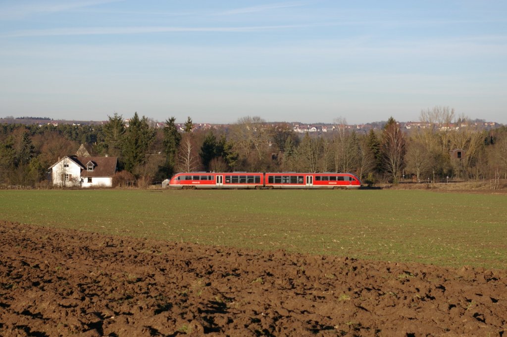 642 116 als RB 58991 Pleinfeld-Gunzenhausen am 07.02.2011 bei Langlau.
