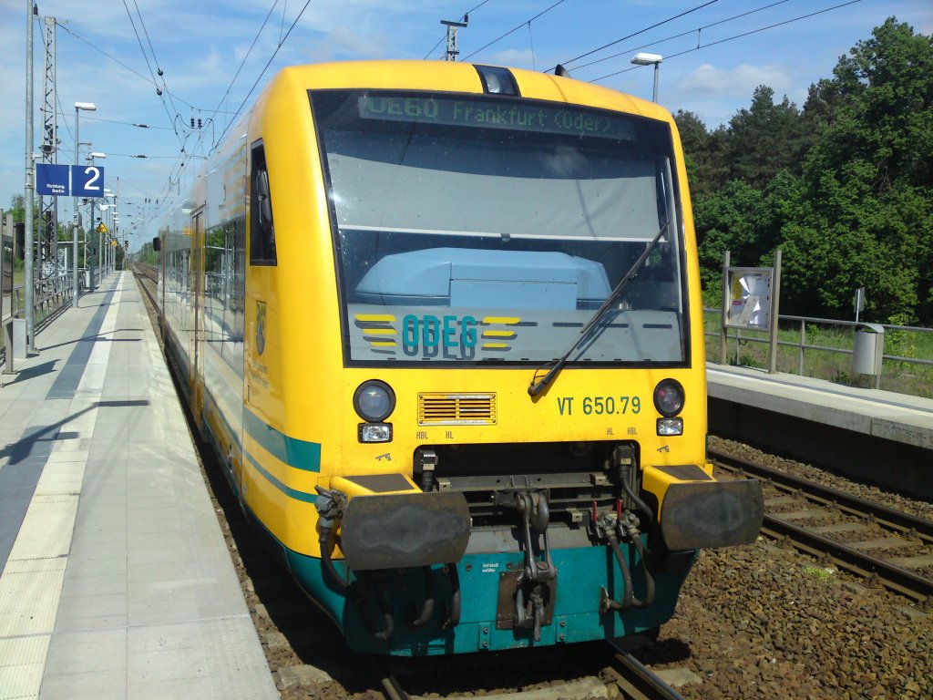 8. Mai 2011 - Ein ODEG RegioShuttle (VT 650.79) in Biesenthal. Wegen Bauarbeiten zwischen Biesenthal und Berlin-Lichtenberg fuhr der Zug nur bis Biesenthal wodrauf er spter nach Eberswalde/Frankfurt (Oder) zurck fuhr.