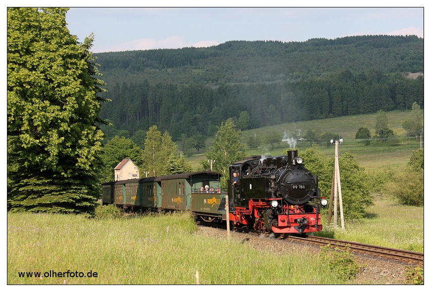 99 786 am 24.06.2010 mit einem Zug vor Hammerunterwiesenthal.