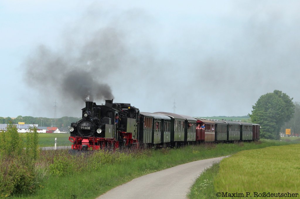 99 788 und 99 608 hinter pfingen. chsle Schmalspurbahn am 19.5.2012.
