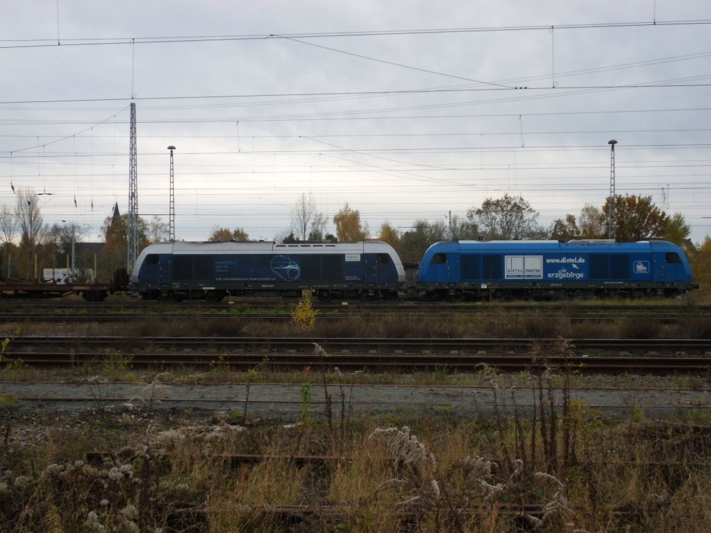 Am 04.11.2012 waren 253 014 und ER 20-2007 mit einem leeren Holzzug in Stendal unterwegs.