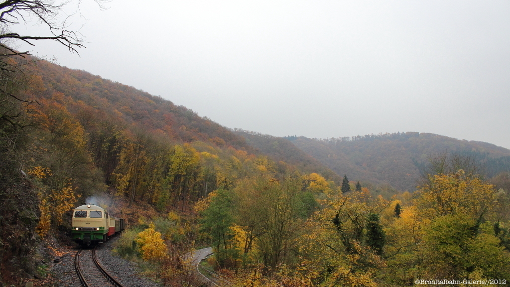 Am 10. November 2012 bespannte der Brohltal-Kraftprotz D5 den - fr seine Verhltnisse - sehr kurzen Vulkan-Expre. Dieser war als Sonderzug unterwegs und ging lediglich nach Burgbrohl. Die Fuhre konnte ich im verregnet, herbstlichen Brohltal ablichten.