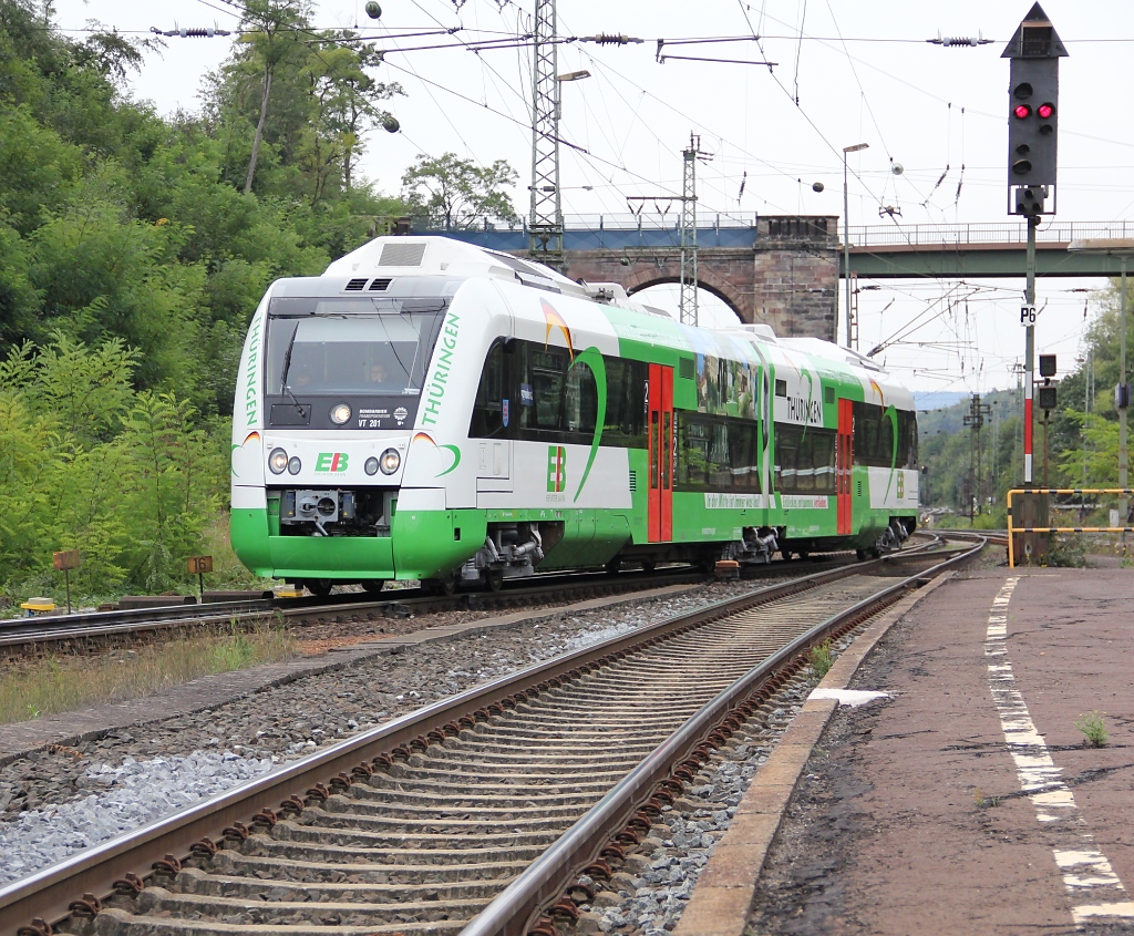 Am 21.09.2012 war der Itino der Erfurter Bahn (VT 201) auf der Linie Kassel - Halle unterwegs. Aufgenommen bei der Einfahrt nach Eichenberg.