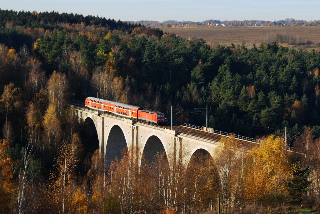 Am Vormittag des 07.11.09 zieht eine unerkannt gebliebene 143 RB 17311, Zwickau-Dresden, ber den Muldenhttenviadukt bei Freiberg.