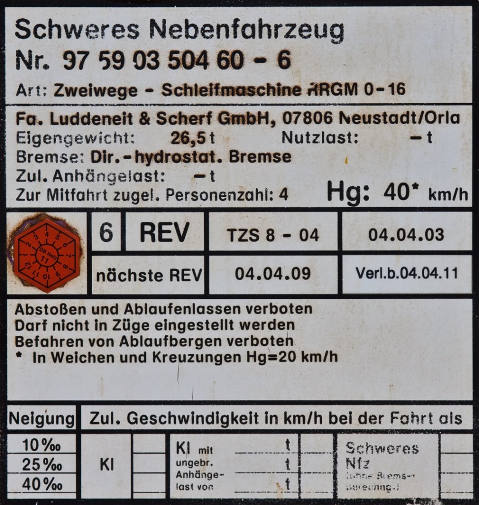 Anschriftentafel Zweiwege - Schleifmaschine RRGM 0-16 der L & S GmbH  - 13.07.2010