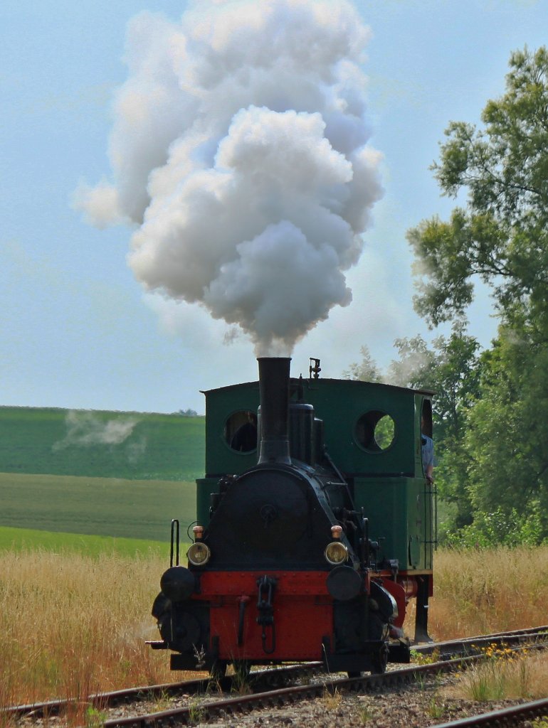 Auch sie war Gastlok bei den  Stoomtrein Jubileumdagen  (Dampfzug-Jubilumstagen) am 13.-14.07.2013 der Sdlimburgischen Dampfeisenbahngesellschaft (ZLSM), die ihr 25jhriges Jubilum feiert.
Die Krauss Nr.7899, die 1921 in Mnchen gebaut wurde und bis 1996 ihren Dienst als Rangierlok bei der ltesten Chemischen Fabrik der Schweiz in Uetikon tat gehrt nun der RWTH Aachen.
Hier rangiert die 130PS starke Dampflok am 14.07.2013 in Simpelveld.