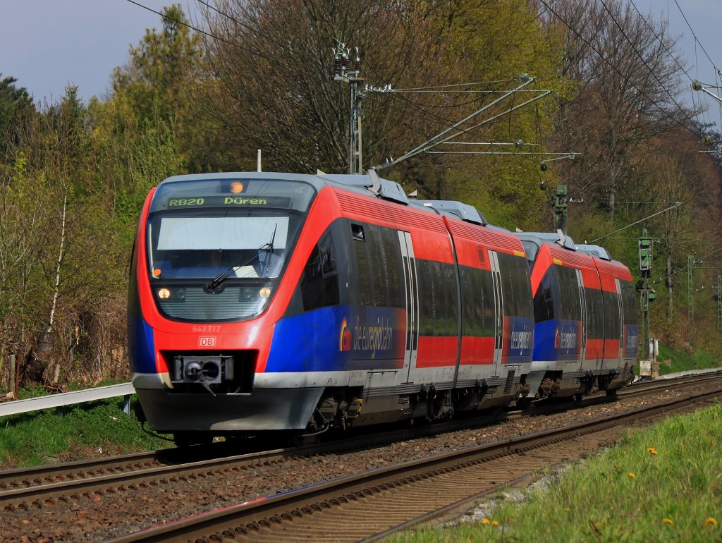 Auf dem Weg nach Dren, RB20 der Euregiobahn am 13.04.2012 bei Kohlscheid.