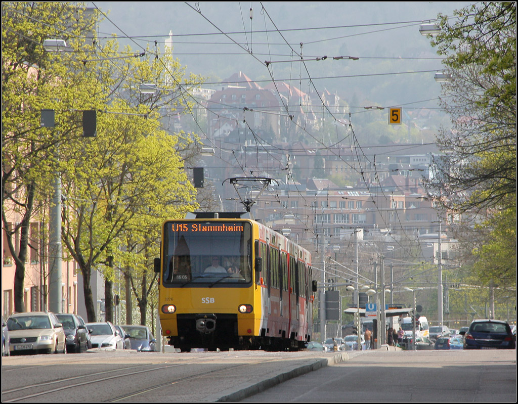 Auf dem Weg nach Stammheim - 

Ein Zug der Linie 15 hat die Haltestelle Milchhof verlassen und folgt der Nordbahnhofstraße in Richtung Norden. 

Stuttgart, 23.04.2013 (M)