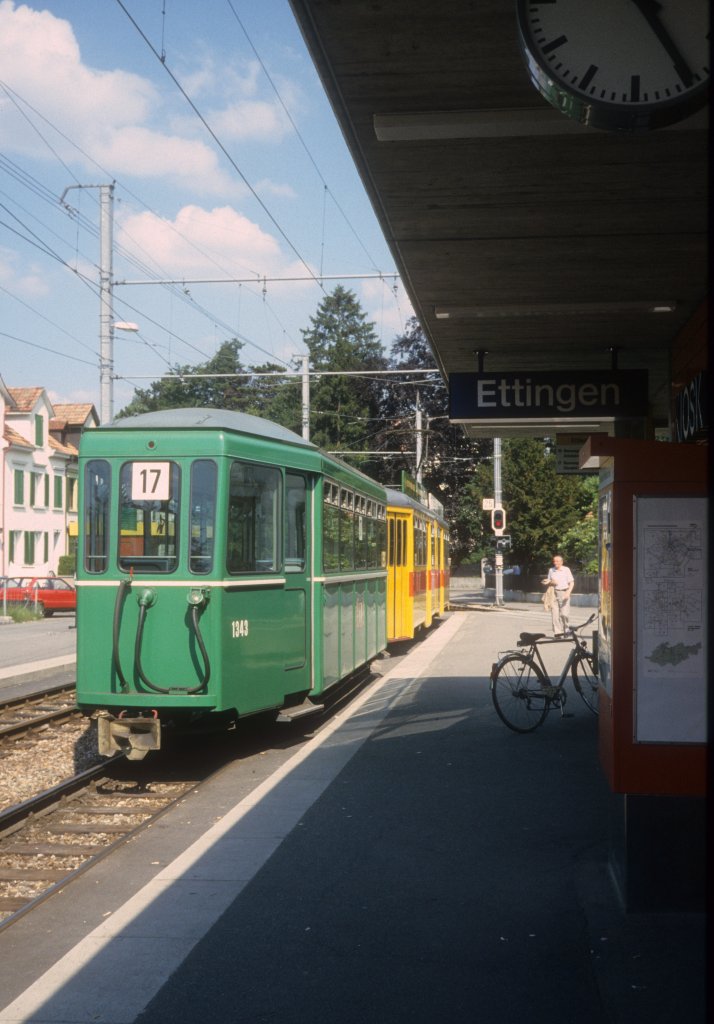 Basel BLT Tram 17 (B3 1343 + Be 4/6 109) Ettingen am 30. Juni 1987.