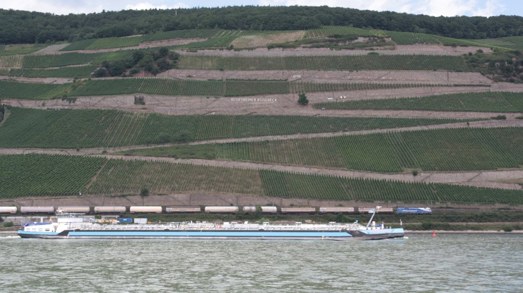 Begegnung in blau und wei: Tankschiff und Tankzug in der Nhe von Rdesheim (17.07.2010)