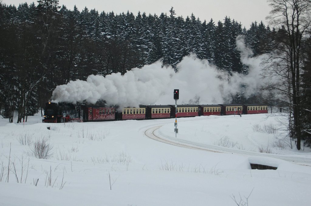 Bei d�sterem Winterwinter f�hrt 99 7234-0 mit ihrem Zug, durch