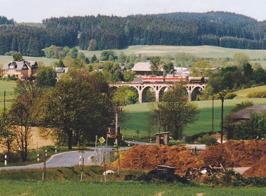 Blick vom Hang nach Norden auf einen Gterzug mit  219-Doppelpack , der am 18.8.95 ber den Lemnitzviadukt in den Bahnhof Unterlemnitz (am linken Bildrand) einfuhr.