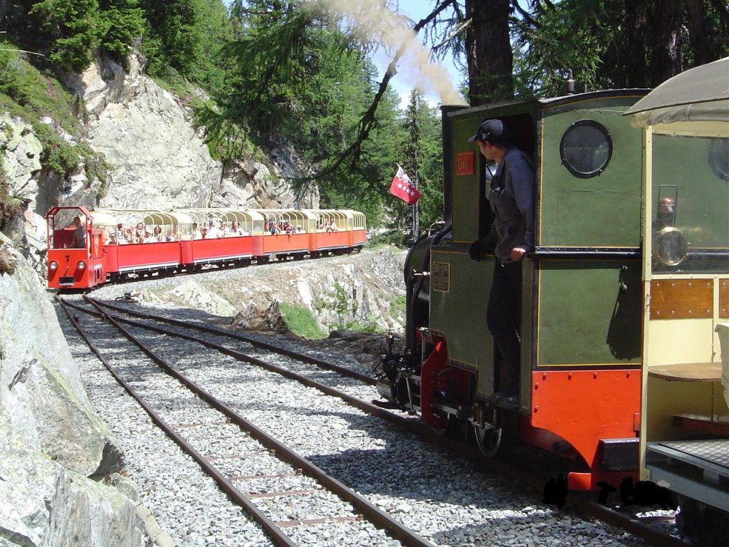 Dampflok Jung Nr. 1693 (1911), Spur 60cm,  Liseli . Einsatz auf der Panoramabahn  Parc d'Attractions du Chatelard (VS) . Regelzug mit Akku-Lok fhrt vom Bahnhof  Les Montuires  her kommend in die Ausweichstelle Nr. 1 ein. 27.07.2005