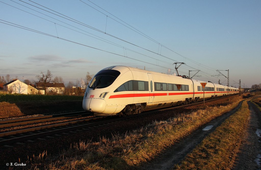 DB ICE-T BR 411 als ICE 27 Dortmund - Wien, KBS 880 Nrnberg - Passau, fotografiert vor Schaidham bei Plattling West am 16.01.2012
