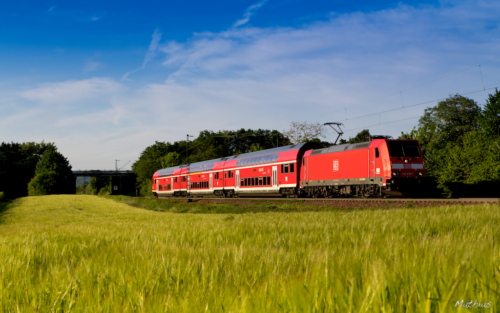 Dem Feierabend entgegen...


fuhren bestimmt viele Pendler, im RE von Offenburg ber Freiburg nach Basel, whrend im Vordergrund tausende angehende Brtchen ihre Kpfe in Richtung der tief stehenden Sonne recken. 

(Das kommt dabei heraus, wenn einem nichts einfllt, was man zum Foto schreiben soll ;) 

Also, das Foto entstand bei Denzlingen, an der KBS 703 am 14.5.2012 und es zeigt die 146 238-1.