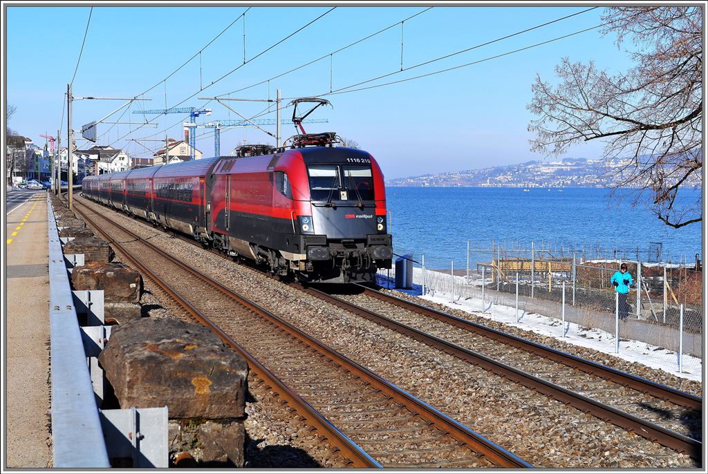 Der RailJet 165 mit 1116 219 kurz nach Beginn seiner langen Reise nach Wien am Ufer des Zrichsees zwischen Wdenswil und Richterswil. (19.02.2013)