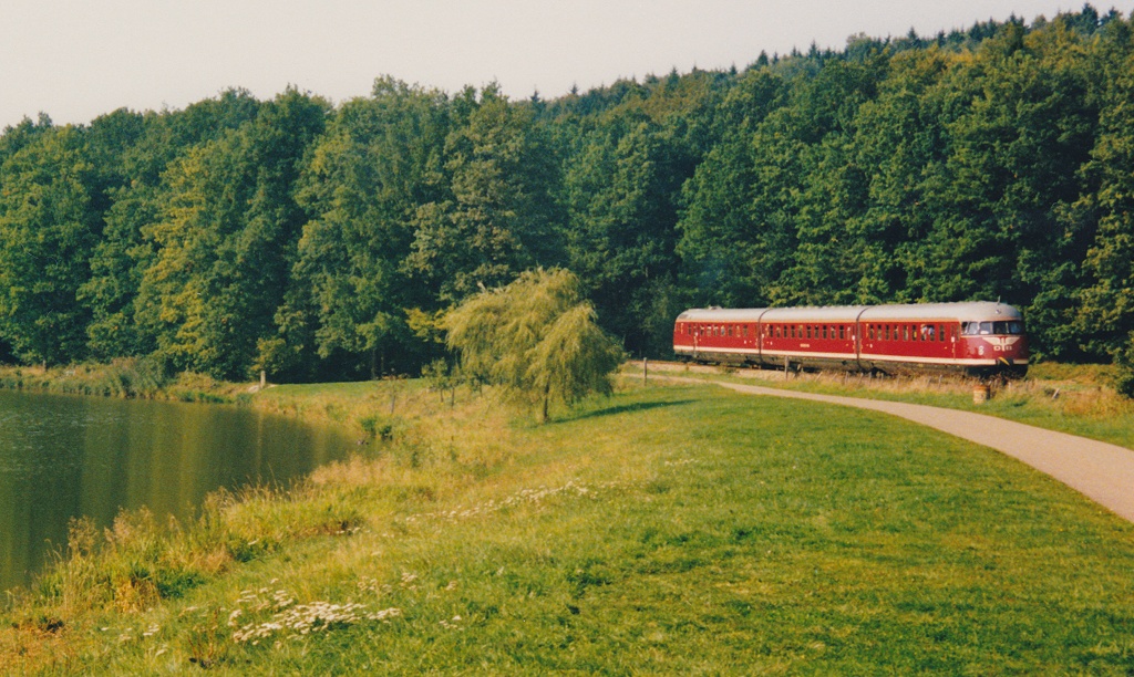 Der Weiher nrdlich von Fremdingen bei Strecken-km 16 ist immer wieder mal Kulisse eines Sonderhalts: Im September 1986 lie VT 08 801 seine Fahrgste zum Fotografieren aussteigen.