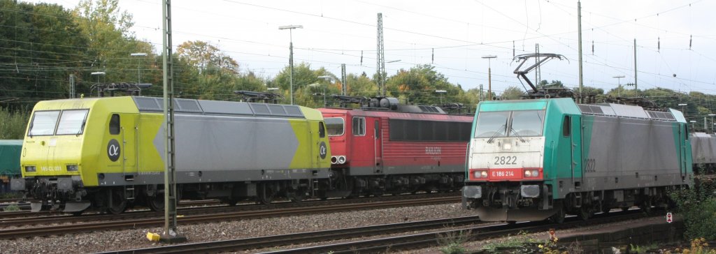 Die 145-CL 031 (145 931-2) von Alpha Trains stand mit dem Seehund 186 214 (2822) und einer unbekannten 155 am 02.10.2010 in Aachen West.