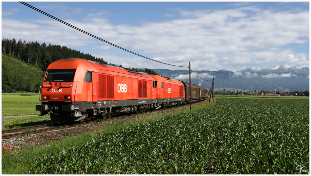 Die beiden Dieselloks 2016 055 + 054 ziehen den Holzzug 55555 von Zeltweg nach Frantschach. 
Eppenstein 21.6.2011