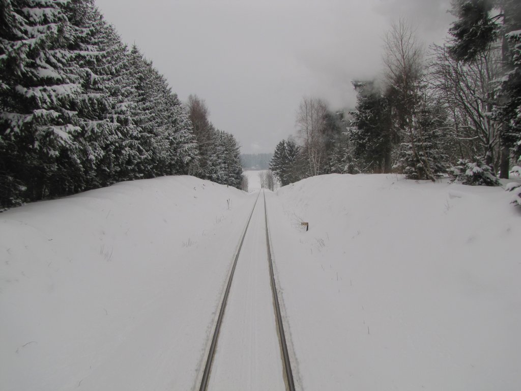 Die Harzquerbahn am 29.03.2013 zwischen Benneckenstein und Sophienhof. Von der Plattform des letzten Wagens aus fotografiert.