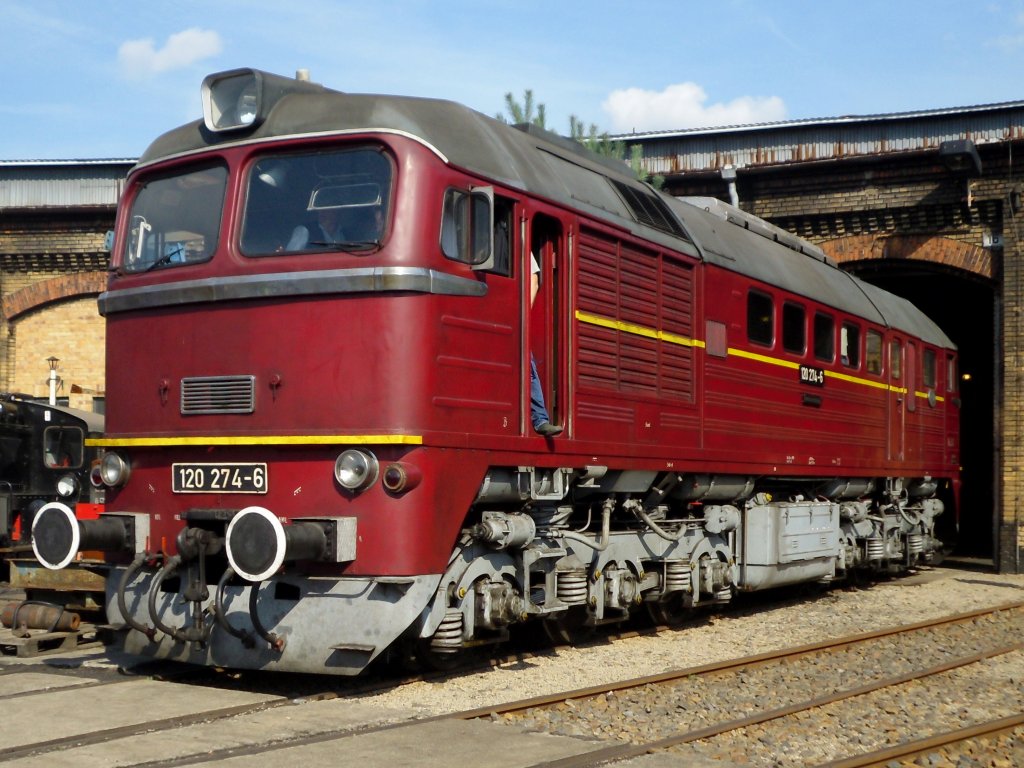 Die  Taigatrommel  120 274-6 vom Frderverein Arnstadt zu Gast beim 8.Eisenbahnfest im Bw Berlin Schneweide am 11.09.2011.
