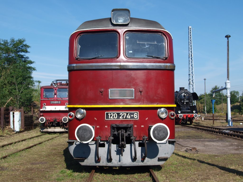 Die Taigatrommel 120 274-6 zusammen mit dem Holzroller 211 001-3 sowie 41 1185-2 ausgestellt bei herrlichstem Foto-Wetter zum Eisenbahnfest in Berlin-Schneweide am 12.09.2010!