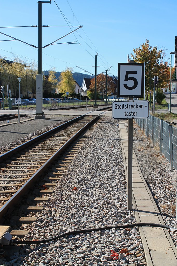 Dieses Schild steht an der Ausfahrt des Bahnhofes Freudenstadt Stadt in Richtung Baiersbronn. Aufgenommen von einem berweg am 15.10.