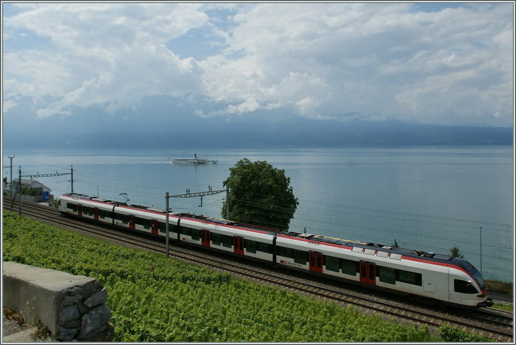 Ein, wie mir scheint, gar nicht so bler Notschuss: Kurz nach Cully fhrt im Vordergrund ein Flirt Richtung Lausanne, whrend auf dem See die  La Suisse  Richtung Ouchy dampft.
28. Juli 2011