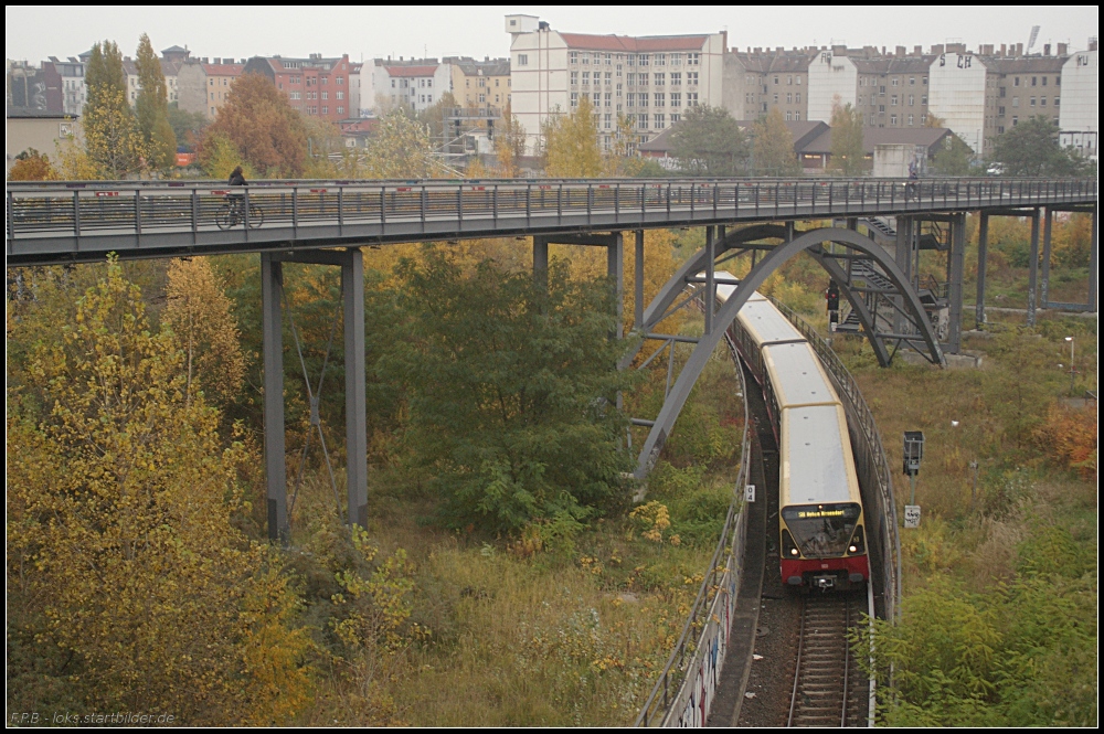 Eine Garnitur der Baureihe 480 auf der S8 nach Hohen Neuendorf unterquert den Schwedter Steg (gesehen Berlin Gesundbrunnen, Behmbrcke 02.11.2010)