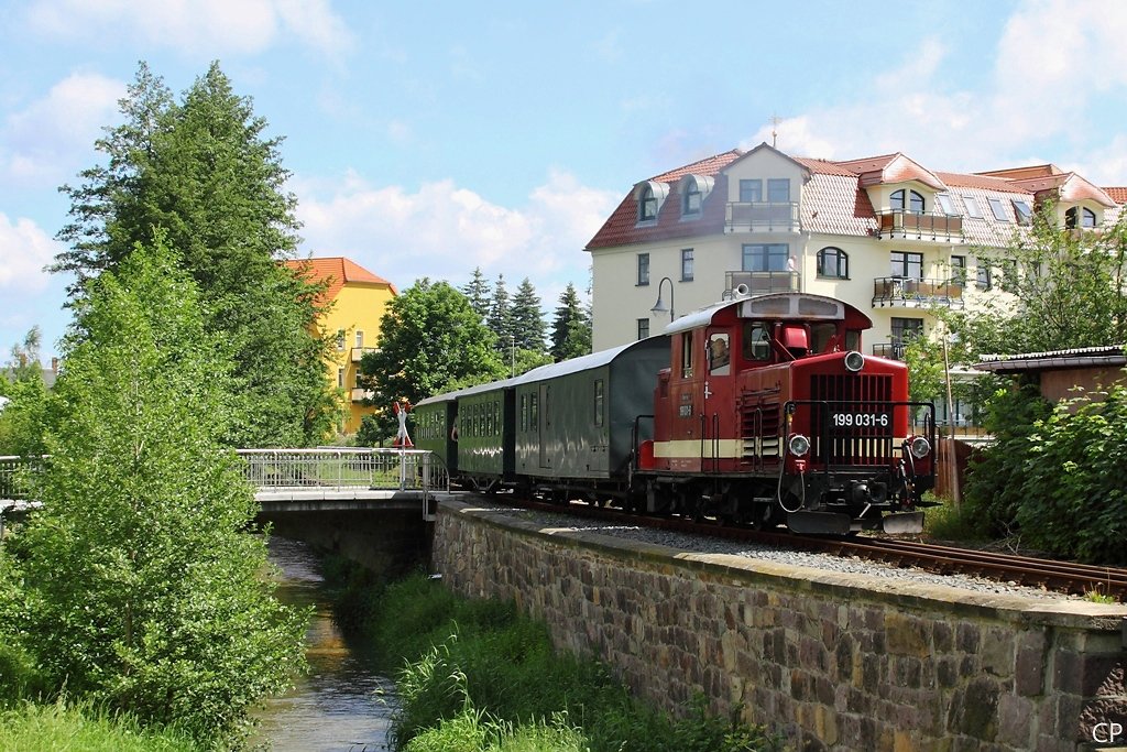Entlang der Dllnitz zieht 199 031-6 (ex BB 2091.12) ihren Personenzug nach Oschatz-Sd. (4.6.2010)
