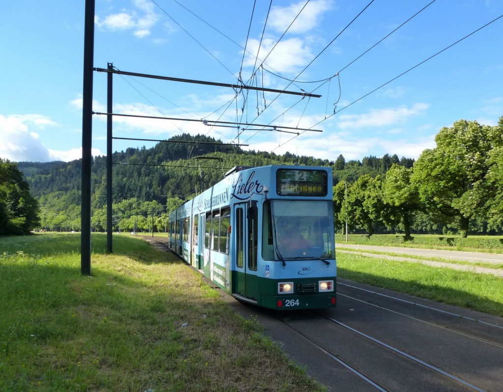 Freiburg/Breisgau, Straenbahn von Gnterstal kommend auf dem Weg in die Stadt, Juli 2013