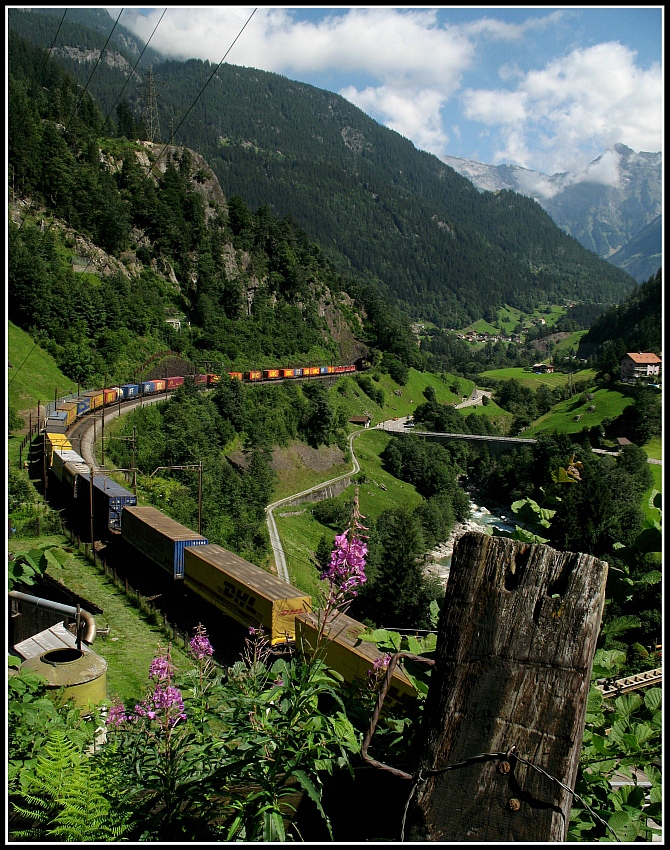 G�terzug vor Intschi.
Juli 2008  