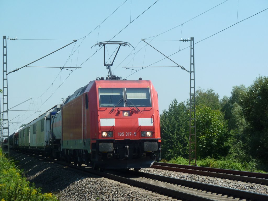 Hier ist 185 317-5 mit einem gemischten Gz unterwegs in Richtung Freiburg. (26.07.2012)