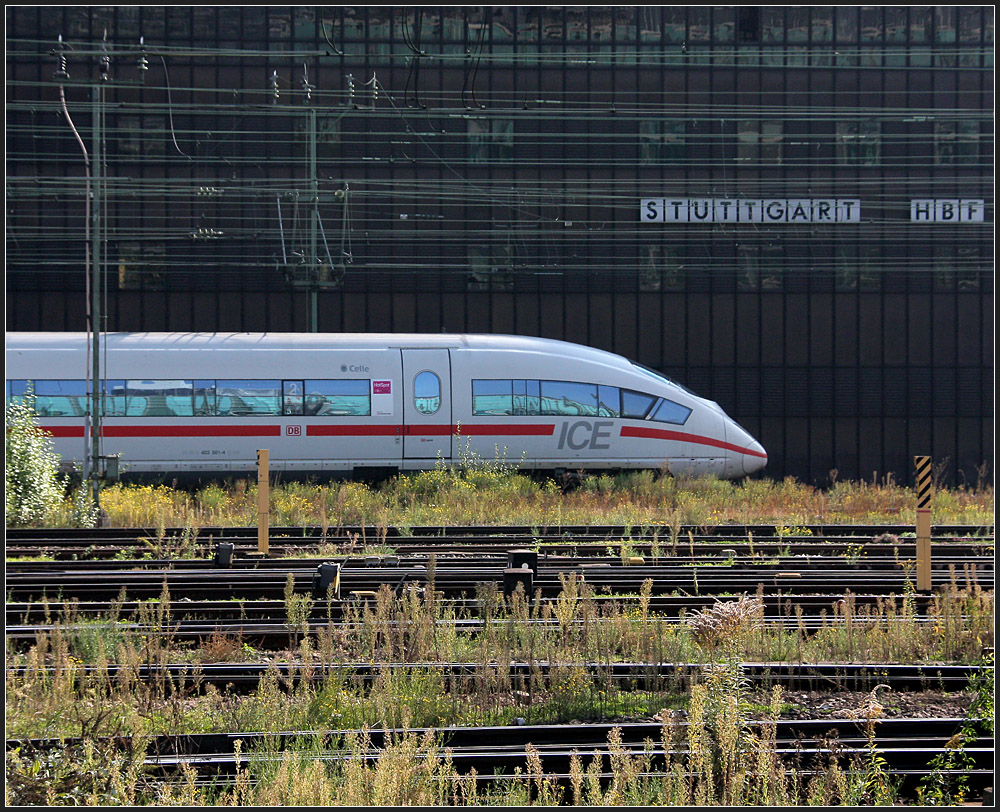Im Vorfeld - 

Eine dunkle Stellwerkfassade, ein DB-Fernreisezug (zumindest das vordere Ende), Gleise sowie  wildes  Grün dazwischen. 

09.10.2010 (M)