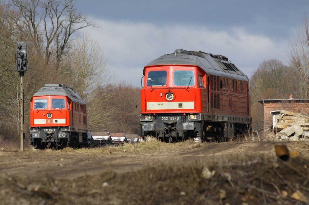 In Hagenow steht der leere Bundeswehrzug am Signal und wartet das die 232 131 sich noch davor spannt. 06.03.2010