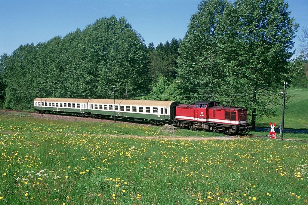 In der Steigung zwischen Wetterabrcke und Grfenwarth ist 202 368 + RB8659, am 31.05.1996, auf der Fahrt nach Schleiz. Am nchsten Tag werden hier letztmalig Zge fahren. (KB-Dia)