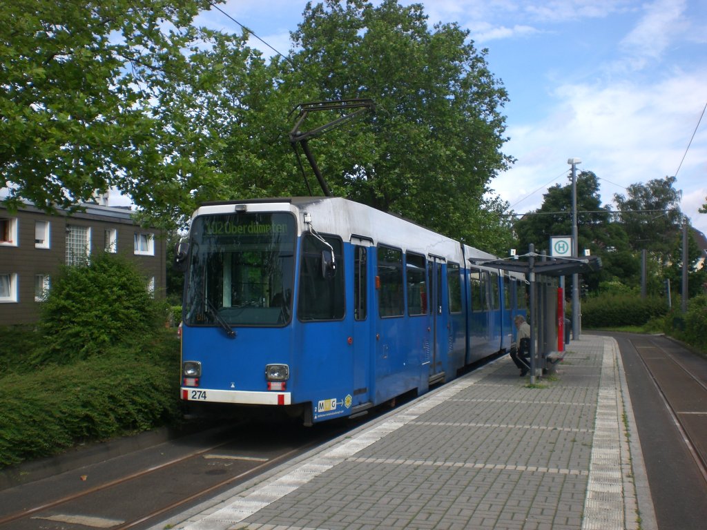 Mhlheim an der Ruhr: Straenbahnlinie 102 nach Mhlheim Uhlenhorst an der Haltestelle Oberdmpten.(18.7.2012) 