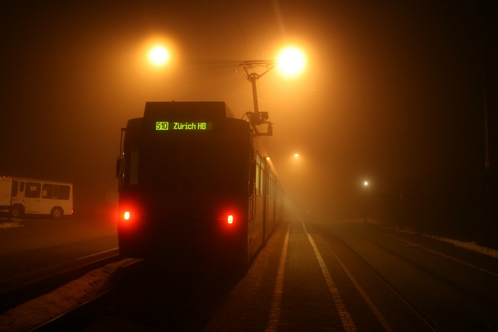 Nebel auf dem Uetliberg: Auf diesem Bild kommt der seitwrts verschobene Stromabnehmer der Uetlibergbahn-Zge besonders gut zur Geltung. Be 8/8 531 am 23.12.2009. 