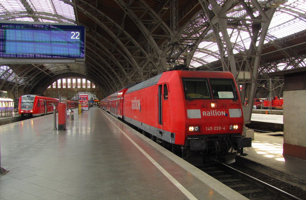 Railion 145 039-4 mit dem RE 10587  SAXONIA  nach Dresden Hbf, in Leipzig Hbf; 09.06.2011