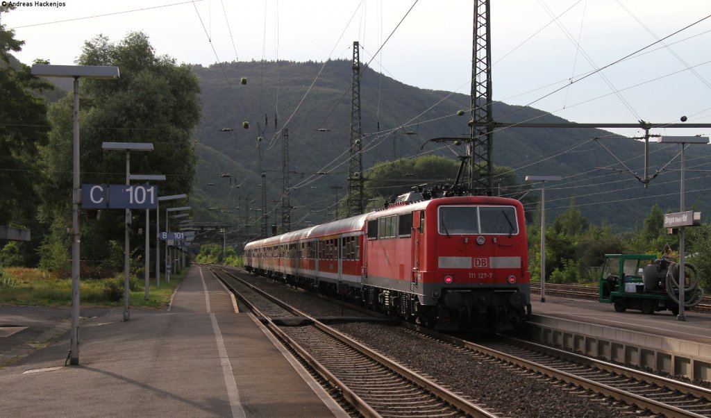 RE 12992 (Frankfurt(Main)Hbf-Koblenz Hbf)mit Schublok 111 127-7 in Bingen Hbf 3.8.12