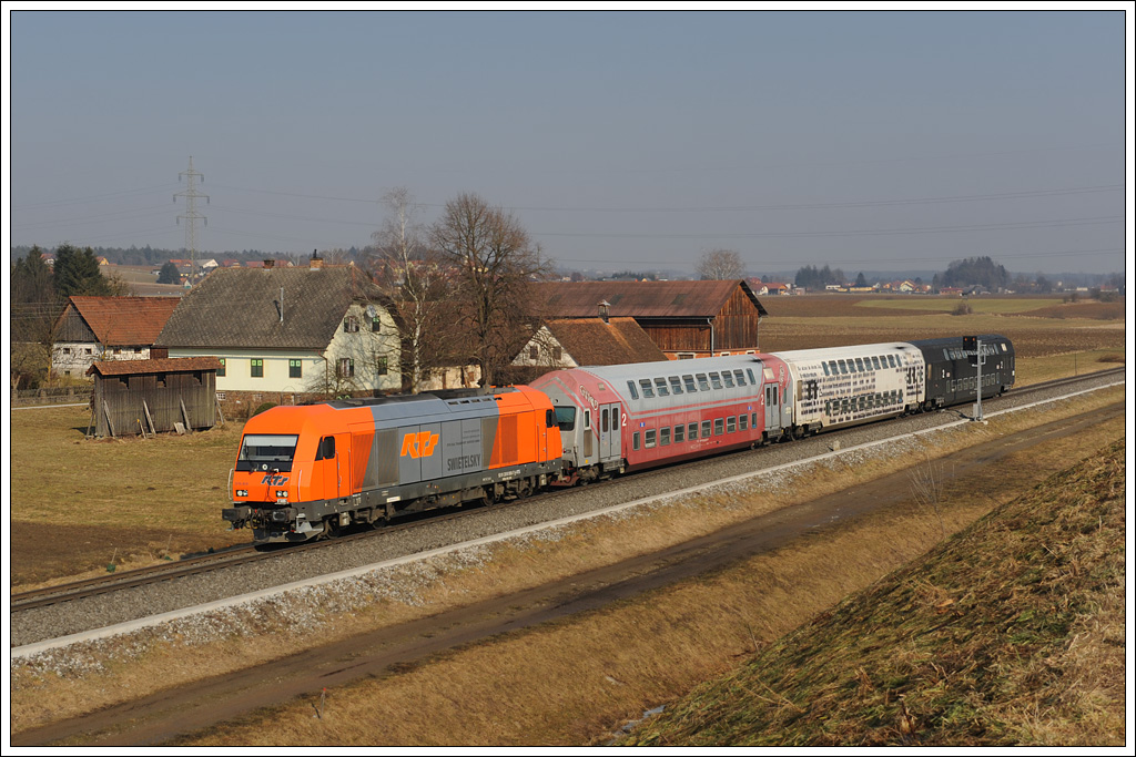 RTS 2016 907 mit dem als S6 verkehrenden R 4371 von Graz ber Werndorf nach Wies-Eibiswald, aufgenommen am 9.2.2011 kurz vor der Haltestelle Gussendorf.